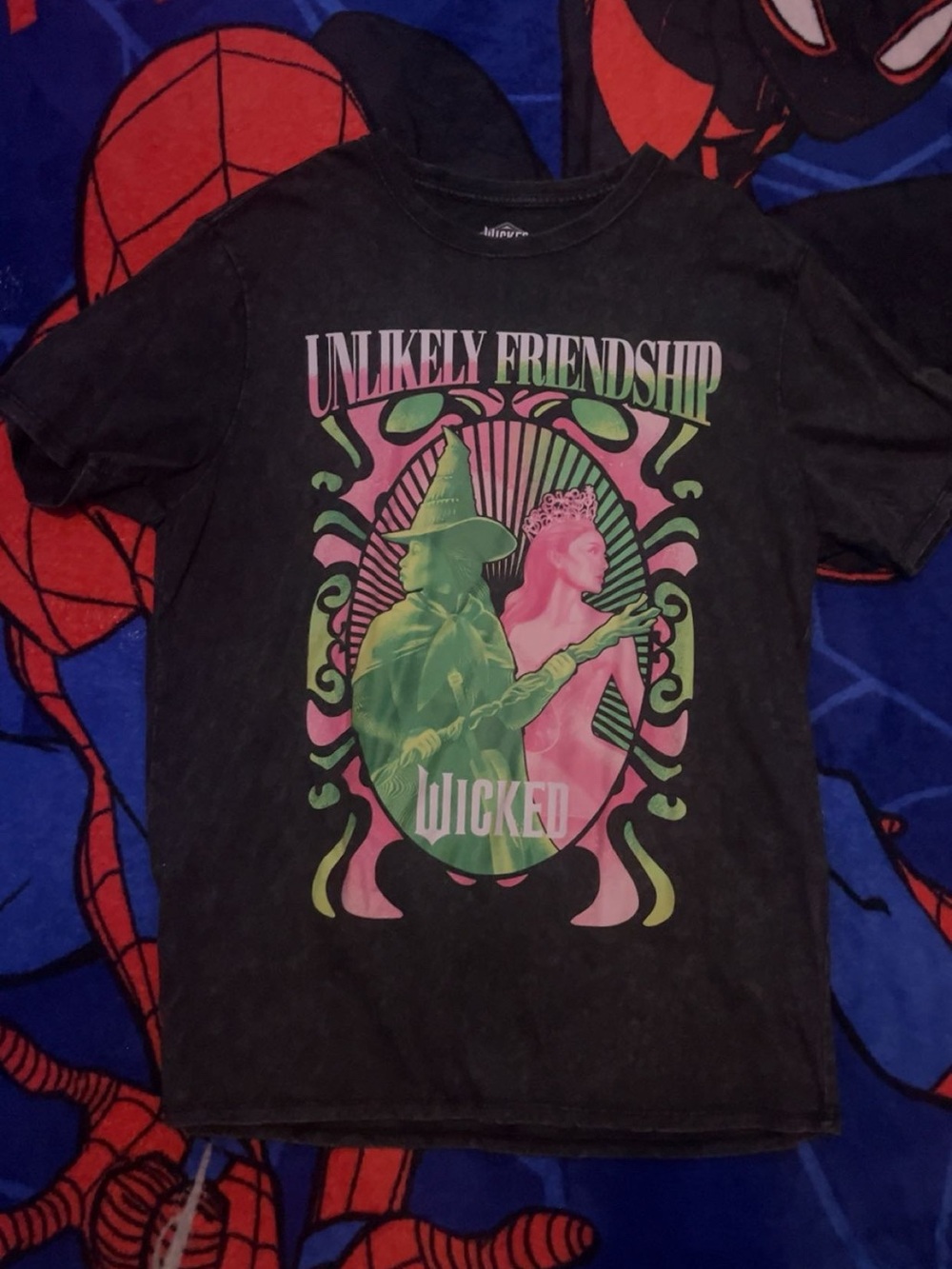Unlikely Friendship Wicked Graphic Unisex Tee - Black with Green & Pink Print